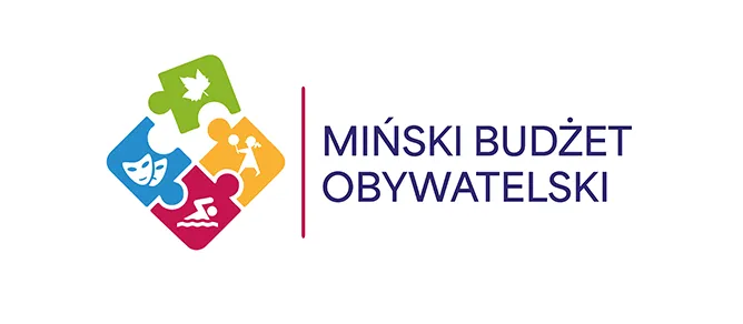 Kliknięcie spowoduje wyświetlenie powiększenia Cztery części układanki z ikonami teatru, liścia, biegacza i pływaka po lewej stronie oraz napis Miński Budżet Obywatelski po prawej.
