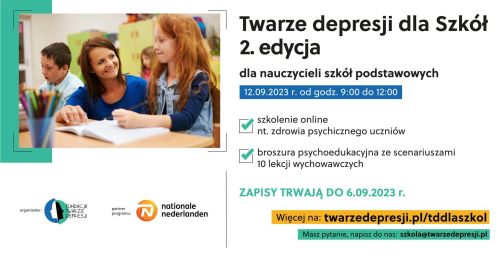 z lewej strony zdjęcie kobiety i dzieci siedzących przy ławce, poniżej logo fundacji twarze depresji i nationale...