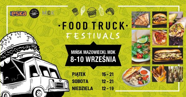 po lewej stronie rysunek food trucka, po prawej stronie zdjęcia jedzenia, informacje zawarte na plakacie znajdują się w...