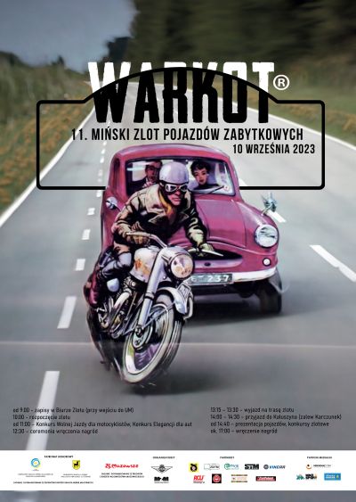 rysunek motocyklisty w kasku i goglach, za nim auto z dwoma pasażerami na środku na górze tytuł WARKOT 11. Miński Zlot...