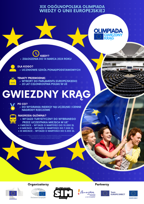 W kołach zdjęcie trójki usmiechniętych osób trzymających flagę Unii Europejskiej, zdjęcie parlamentu europejskiego,...