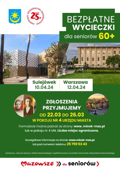 Zdjęcia muzeum w Sulejówku i Muzeum Narodowego, powyżej napis bezpłatne wycieczki dla seniorów 60+, zółto-niebieski herb...