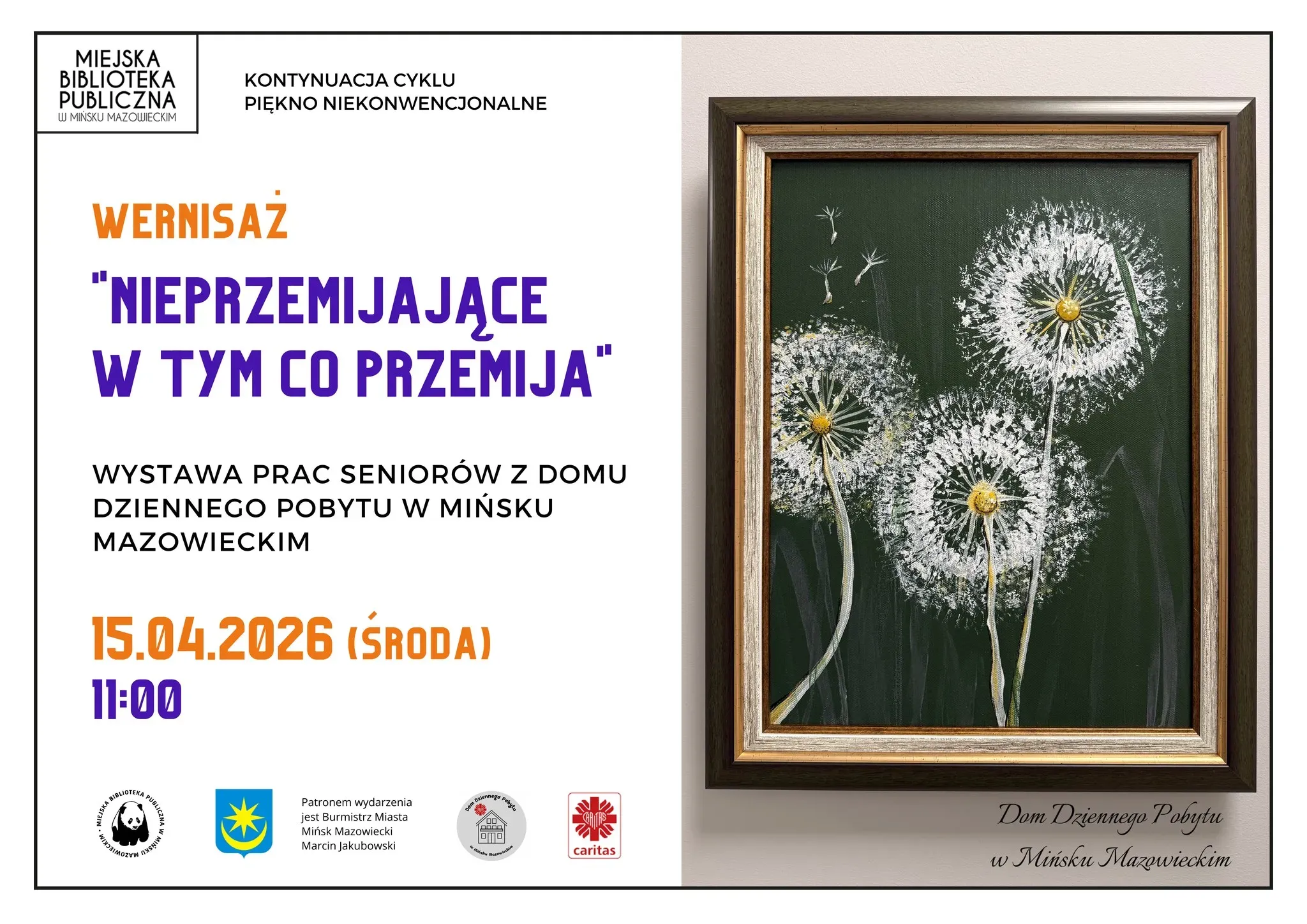 Kliknięcie powiększy obraz. Po lewej stronie kolrowe napisy na białym tle. Po prawej stronie złoto-brązowa ramka z obrazem trzech dmuchawców z białymi nasionami na ciemnozielonym tle.