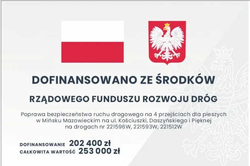 Flaga Polski, godło Polski oraz napis informujący o dofinansowaniu z rządowego funduszu rozwoju dróg na poprawę bezpieczeństwa ruchu drogowego w Mińsku Mazowieckim wraz z podaną kwotą dofinansowania i całkowitą wartością.