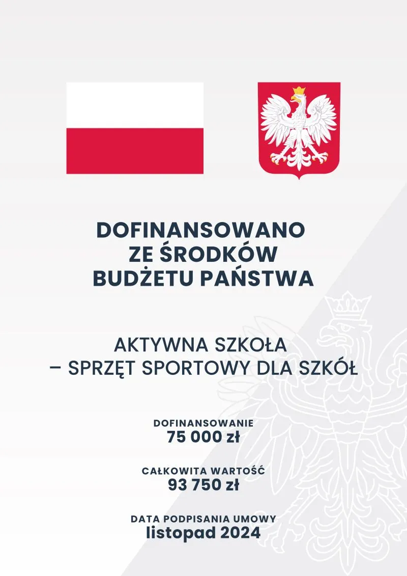 Kliknięcie powiększy obraz. Flaga Polski, godło Polski oraz tekst informujący o dofinansowaniu ze środków budżetu państwa na sprzęt sportowy dla szkół o wartości 93 750 zł, z podpisaniem umowy w listopadzie 2024.