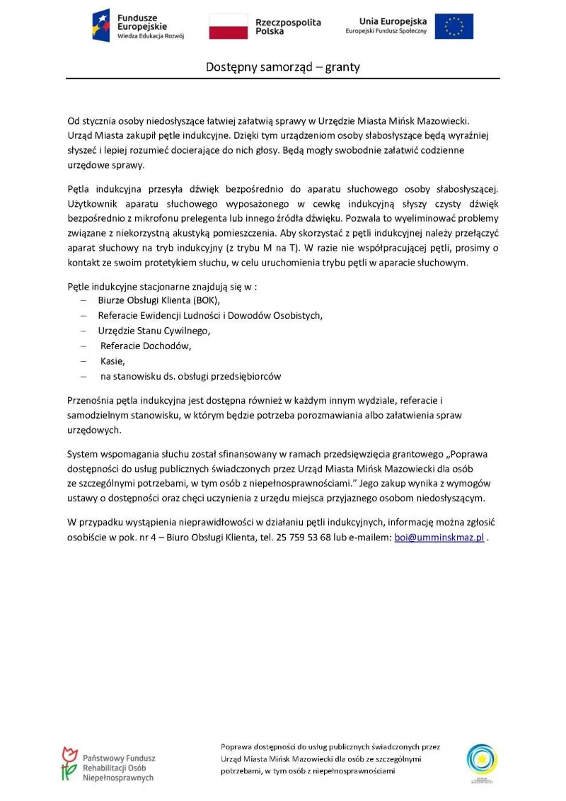 Kliknięcie powiększy obraz. Dokument informujący o dostępności pętli indukcyjnej dla osób niedosłyszących w Urzędzie Miasta Mińsk Mazowiecki wraz z miejscami instalacji i danymi kontaktowymi.
