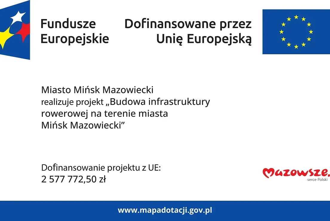 Kliknięcie powiększy obraz. Logotyp Funduszy Europejskich w lewym górnym rogu, napis "Fundusze Europejskie" po lewej stronie, po prawej stronie napis "Dofinansowane przez Unię Europejską" oraz flaga Unii Europejskiej. Poniżej tekst. W prawym dolnym rogu logo Mazowsza. Na dole niebieski pasek z adresem www.mapadotacji.gov.pl. Tło białe.
