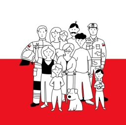 Grupa dziewięciu osób w różnym wieku, w tym dwóch żołnierzy. Stoją na tle flagi Polski.