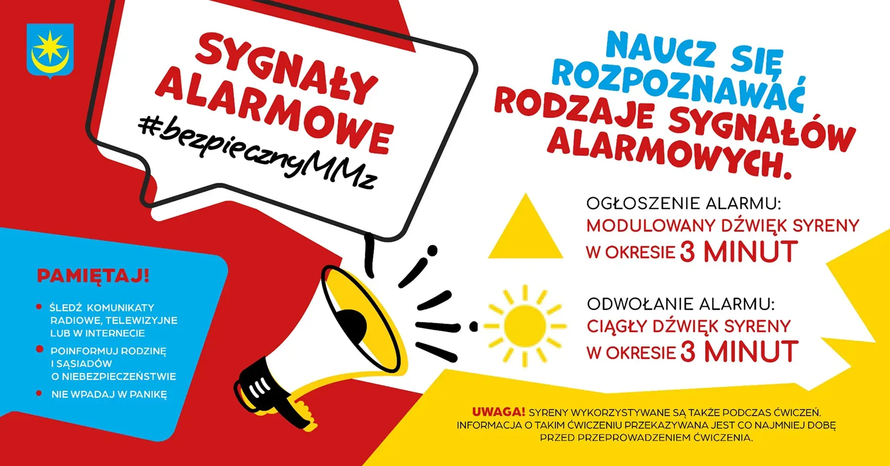 Kliknięcie powiększy obraz. Informacje o sygnałach alarmowych z opisem dźwięków syreny do ogłoszenia i odwołania alarmu oraz zaleceniami postępowania.