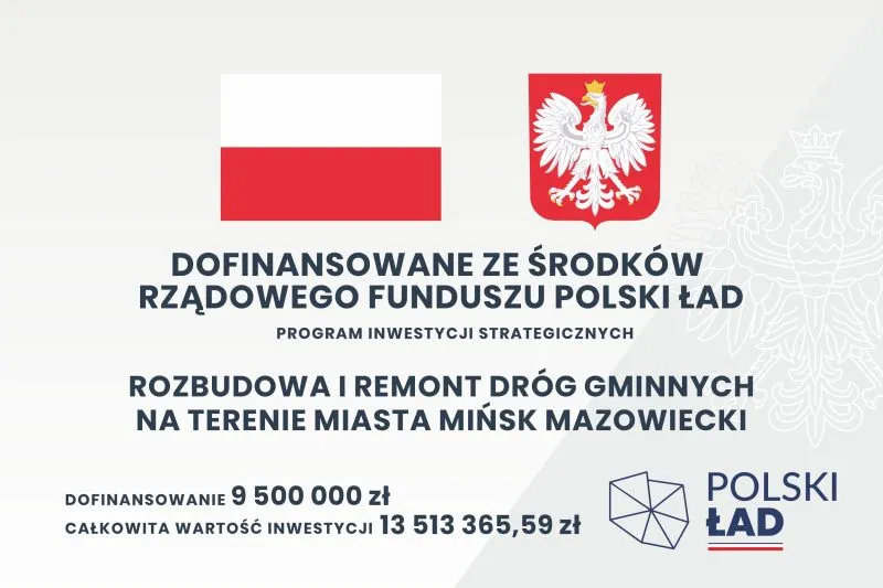 Flaga Polski, herb Polski oraz tekst informujący o dofinansowaniu rozbudowy i remontu dróg gminnych w Mińsku Mazowieckim z rządowego funduszu Polski Ład wraz z kwotami dofinansowania i całkowitej wartości inwestycji.