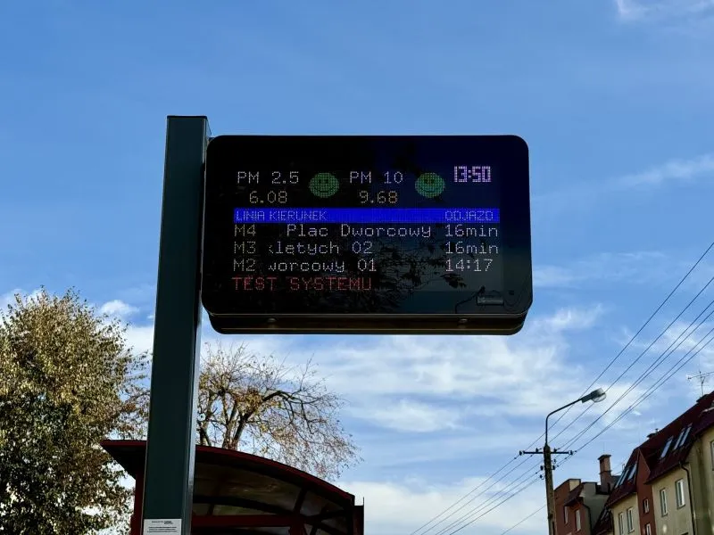 Elektroniczna tablica przystankowa z informacjami o linii, kierunku i czasie odjazdu autobusów.