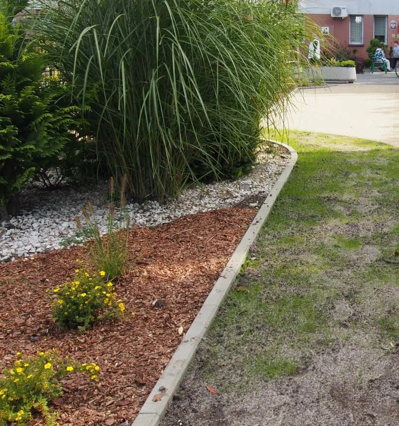 Pas ogrodowy z dekoracyjną korą i trawami ozdobnymi oddzielony krawężnikiem od trawnika.