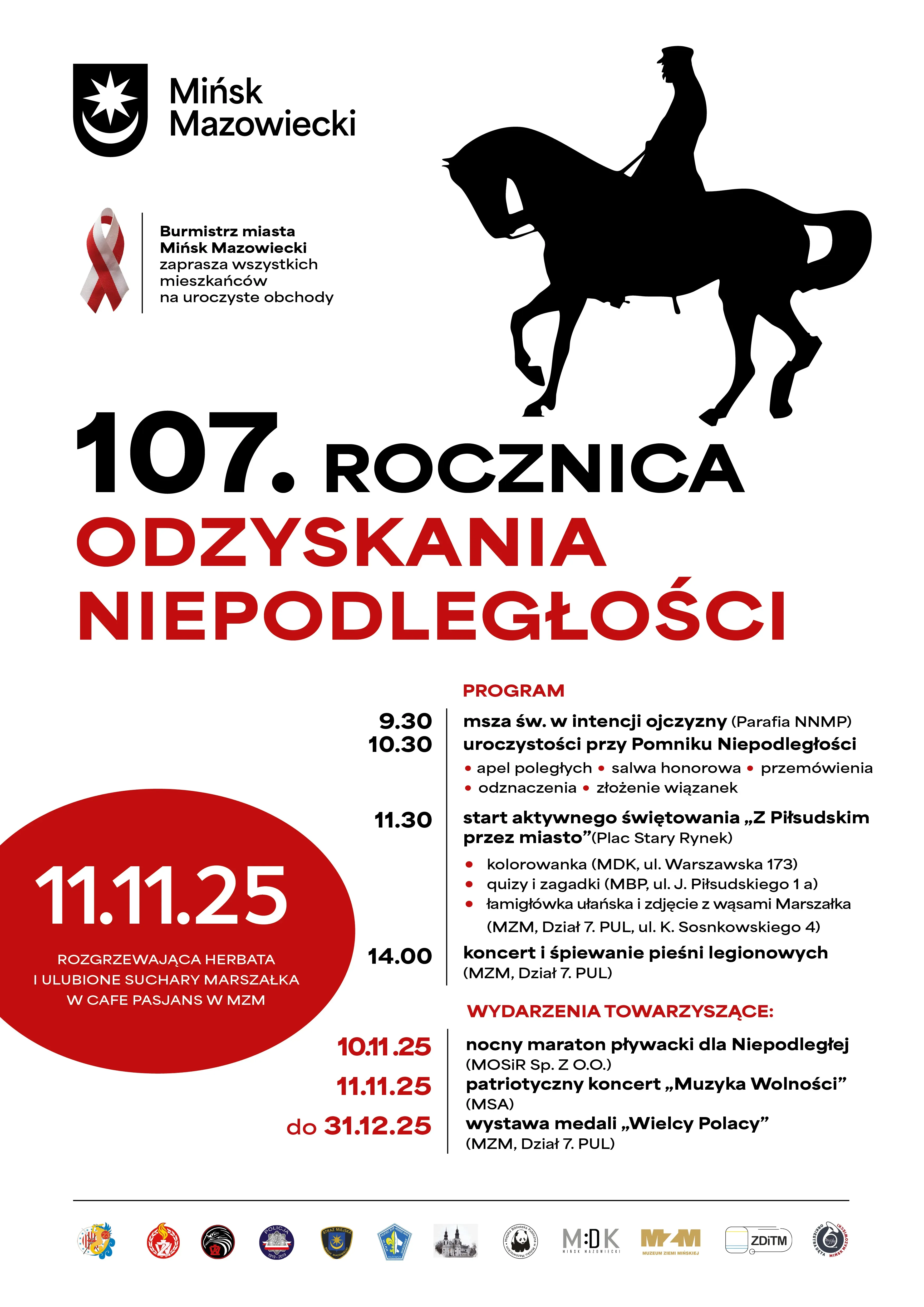 Kliknięcie powiększy obraz. Po lewej logo miasta i wstążka biało-czerwona. Pośrodku duży napis z datą. Po prawej czarna sylwetka jeźdźca na koniu oraz program uroczystości i wydarzeń towarzyszących. Na dole logotypy partnerów i organizatorów. Całość na białym tle.