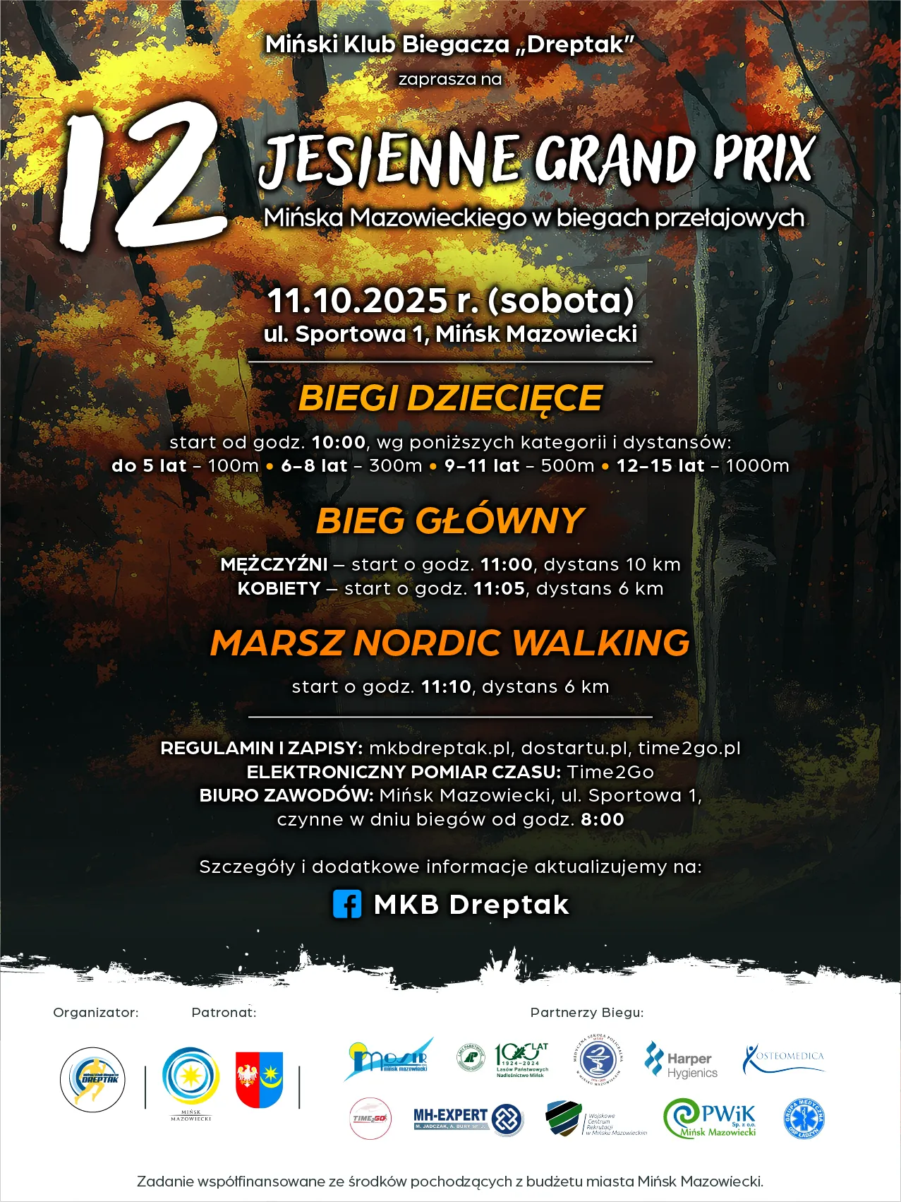 Kliknięcie powiększy obraz. Plakat wydarzenia Jesienne Grand Prix biegów przełajowych w Mińsku Mazowieckim z datą 11.10.2025 i szczegółami dotyczącymi kategorii biegów dziecięcych, biegu głównego oraz marszu Nordic Walking na tle jesiennego lasu.
