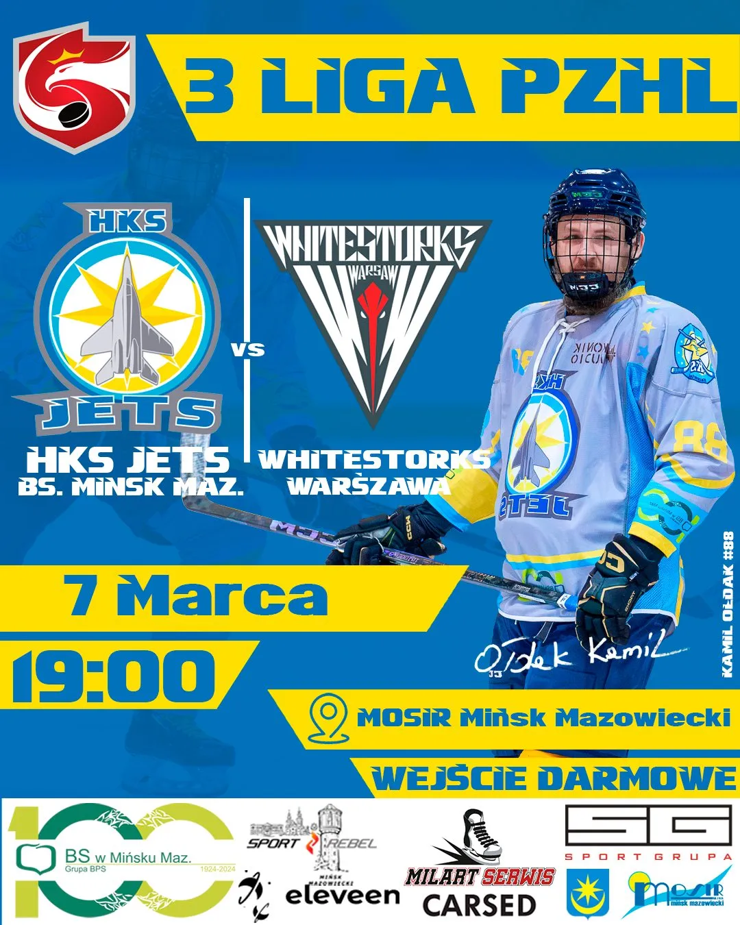 Kliknięcie powiększy obraz. Plakat reklamuje mecz hokeja 3 LIGA PZHL. Po lewej widoczne logo HKS Jets, na środku logo Whitestorks Warszawa. Po prawej stoi zawodnik w niebiesko-żółym stroju Jets z kaskiem i kijem hokejowym. Na żółtych pasach wyeksponowana data, godzina i miejsce meczu oraz informacja o darmowym wejściu. Tło plakatu jest niebieskie.