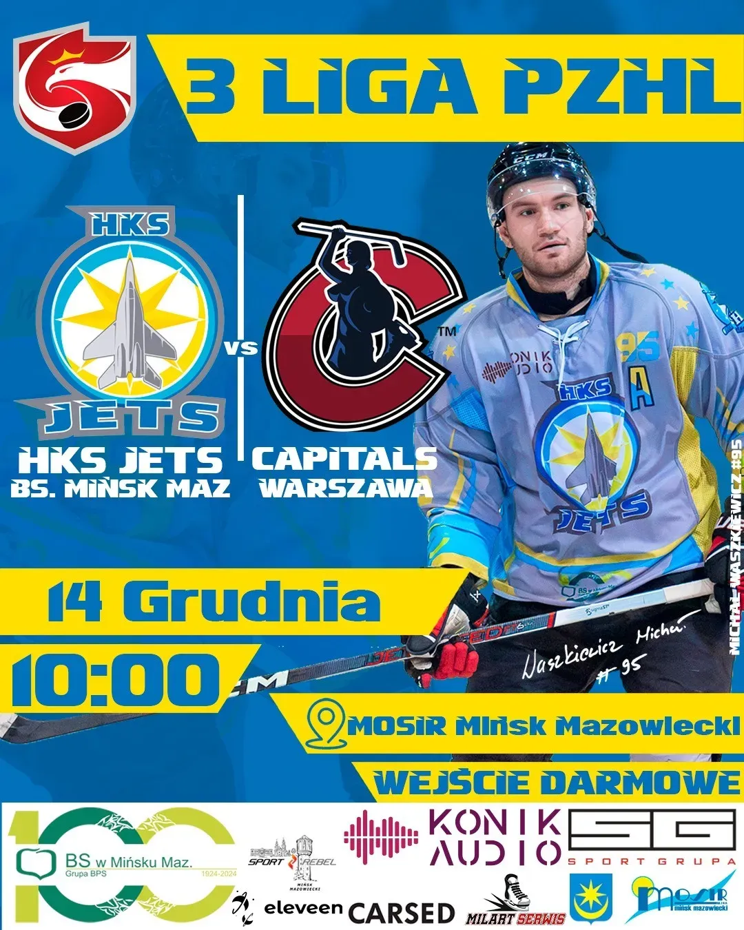 Kliknięcie powiększy obraz. Niebieskie tlo. Po lewej logo HKS Jets BS. Mińsk Maz. z szarym myśliwcem na żółtym tle. Po prawej logo Capitals Warszawa z sylwetką hokeisty na czerwonym tle. Po prawej stronie zdjęcie hokeisty w niebiesko-szarej koszulce HKS Jets z numerem 95, trzyma kij hokejowy.