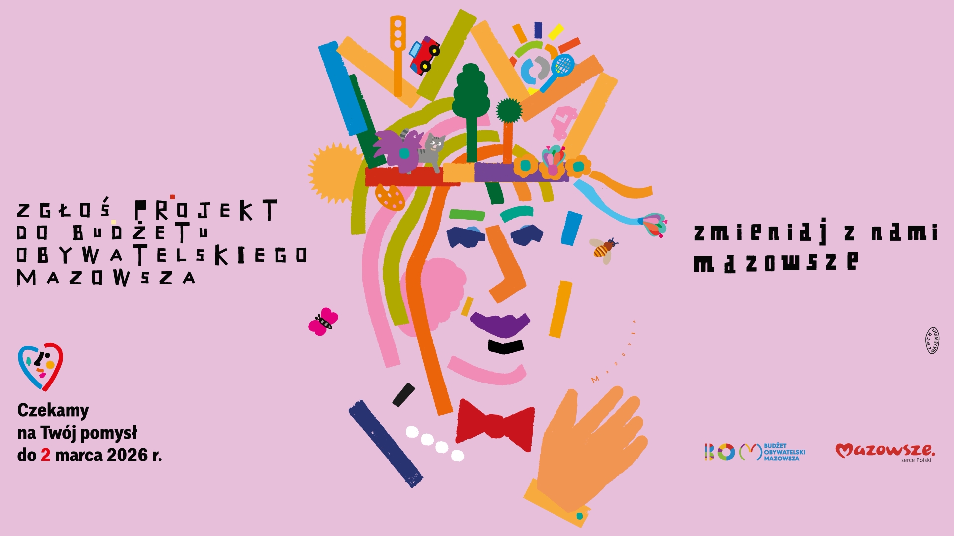 Kliknięcie powiększy obraz. Kolorowa, schematyczna twarz złożona z geometrycznych pasków i kształtów na jasnoróżowym tle. Twarz nosi koronę z drobnymi ikonami: drzewem, słońcem, samochodem i kwiatami. Przy twarzy widoczna jest uniesiona ręka, motyl i pszczoła. Kompozycja jest centralna i ilustracyjna.