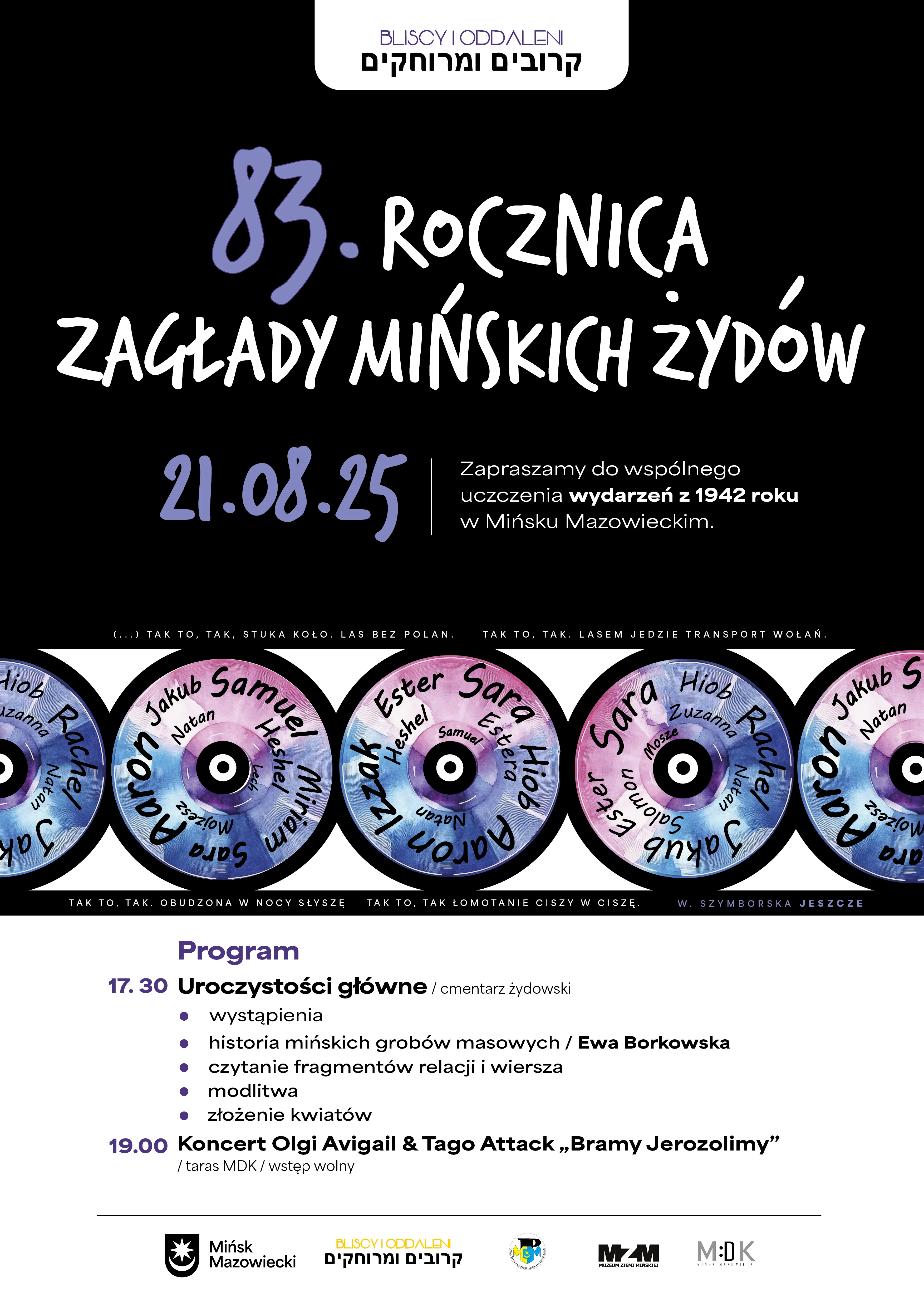Kliknięcie powiększy obraz. Zaproszenie na 83. rocznicę zagłady mińskich Żydów 21 sierpnia 2025 roku w Mińsku Mazowieckim z programem uroczystości i koncertu.