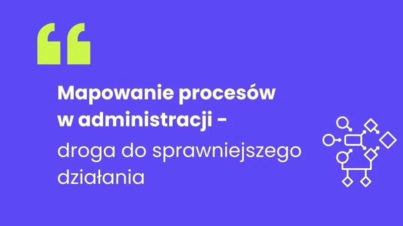 Kliknięcie powiększy obraz. Fioletowe tło. Duży zielony znak cudzysłowu w lewym górnym rogu. Po lewej biały, pogrubiony tytuł i mniejszy podtytuł ułożone w dwóch wierszach. Po prawej biała ikona schematu procesów z połączonymi prostokątami i kółkami.