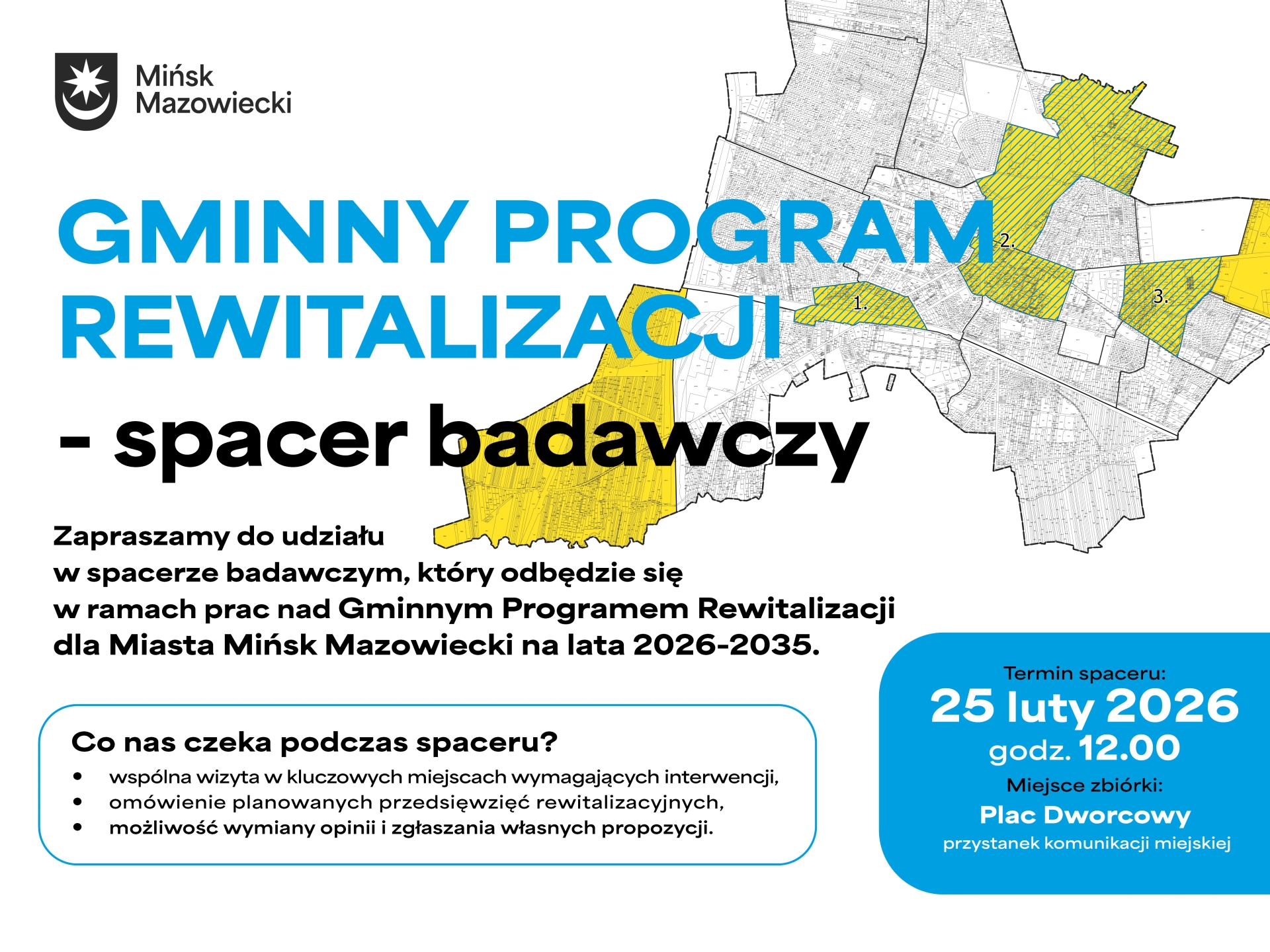 Kliknięcie powiększy obraz. Plakat informacyjny o miejskim programie rewitalizacji. Lewy górny róg zawiera herb i nazwę miasta. Na środku duży niebieski nagłówek i grubszy czarny podtytuł. Po prawej mapka miasta z kilkoma zaznaczonymi żółtymi obszarami. Na dole po lewej ramka z listą punktów dotyczących przebiegu spaceru badawczego. Na dole po prawej niebieskie pole z wyróżnioną datą, godziną i miejscem zbiórki. Tło białe.