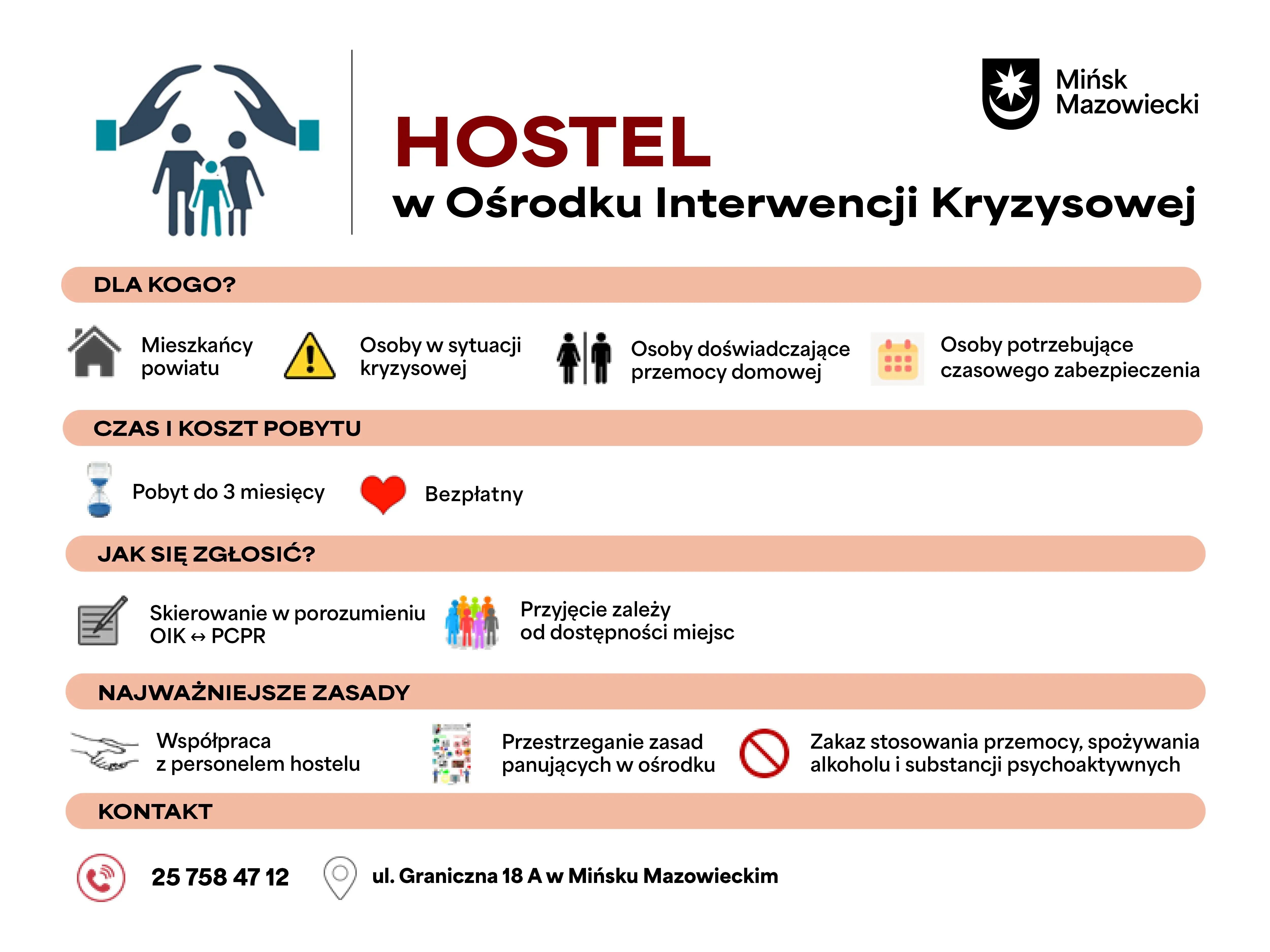 Kliknięcie powiększy obraz. U góry logo miasta i ikona rodziny chronionej dłońmi na jasnym tle. Kilka poziomych sekcji z ikonami wskazującymi odbiorców, czas pobytu, zasady i sposób zgłoszenia. Na dole ikona telefonu i lokalizacji z danymi kontaktowymi. Dominują kolory biały, beżowy i czerwony.