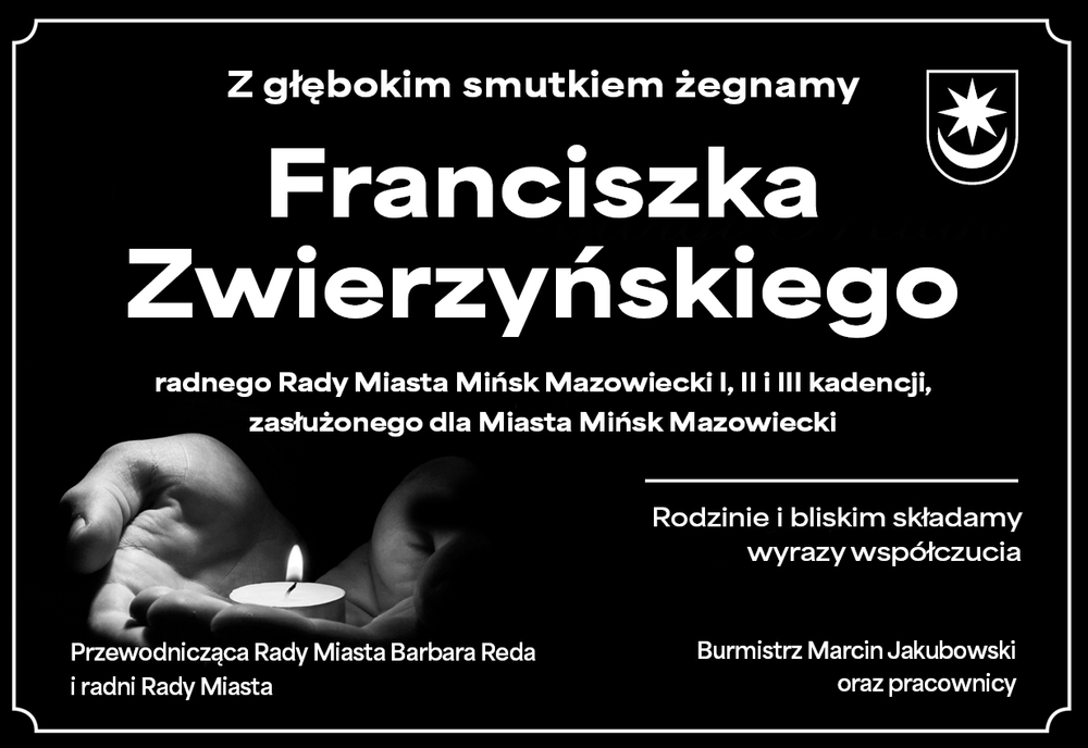 Kliknięcie powiększy obraz. Czarne tło z białą dekoracyjną ramką. Centralnie duży biały napis z imieniem i nazwiskiem zmarłej osoby. Prawy górny róg zawiera herb. Lewy dolny narożnik pokazuje dwie dłonie trzymające zapaloną świecę. Prawy dolny obszar zawiera tekst kondolencyjny i podpisy składających wyrazy współczucia.