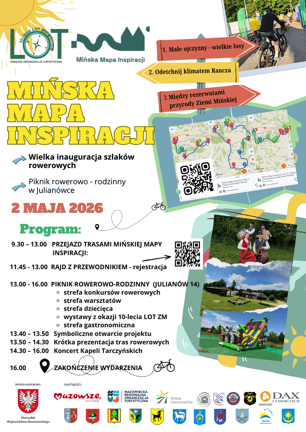 Kliknięcie powiększy obraz. Plakat promujący wydarzenie "Mińska Mapa Inspiracji" z dużym żółtym tytułem na białym tle. Data 2 maja 2026 wyróżniona czerwonym kolorem. Lista programu z godzinami i ikonami roweru oraz lokalizacji. Trzy kolorowe strzałki z nazwami tras i miniatura mapy z trasami oraz kodem QR. Zdjęcia rowerzystów, zespół w strojach ludowych i zdjęcia plenerowe z dmuchaną zjeżdżalnią. Zielone i niebieskie graficzne elementy dekoracyjne oraz rząd logotypów partnerów na dole.