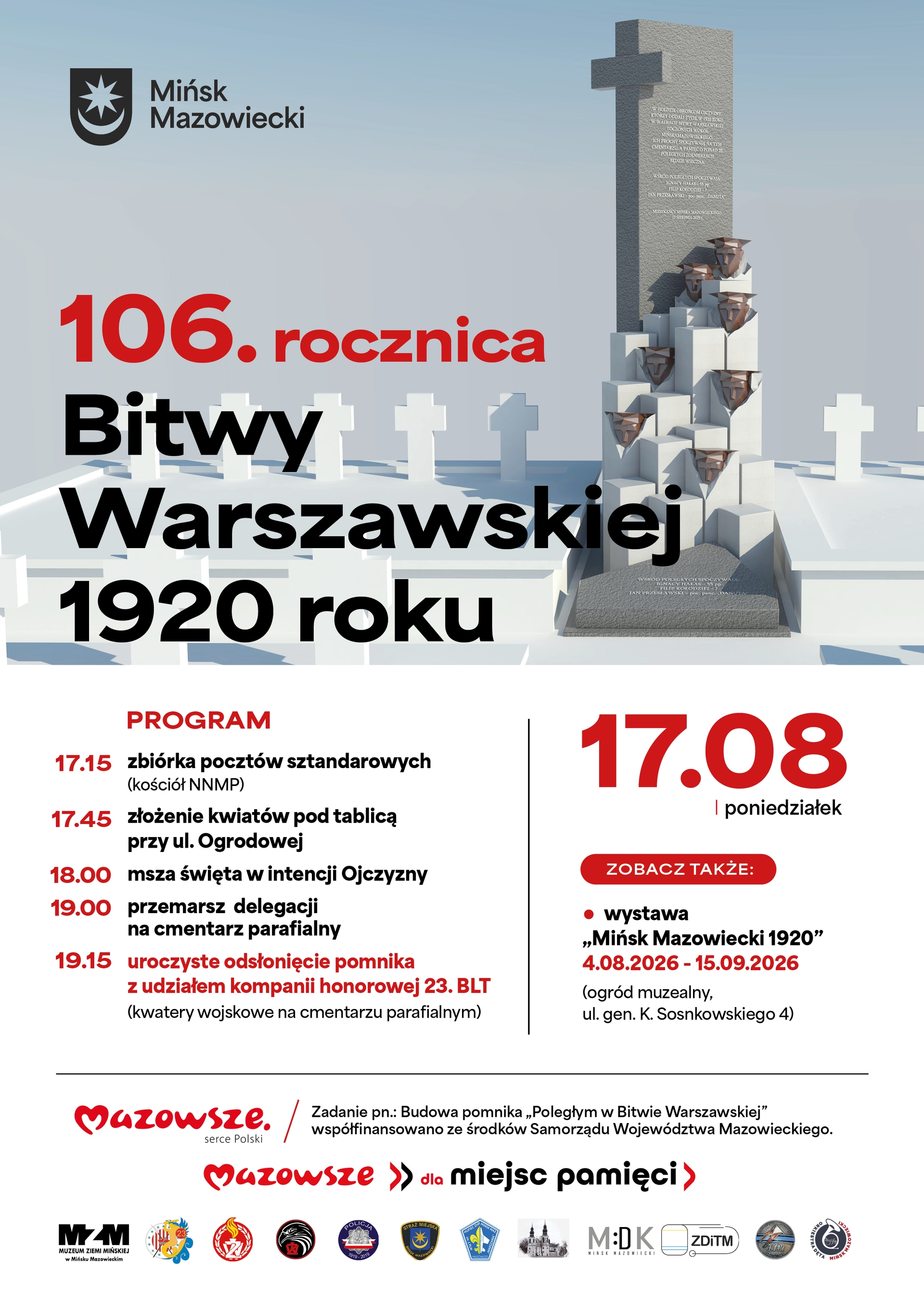 Kliknięcie powiększy obraz. Plakat w jasnych szaro-niebieskich tonach z centrum uwagi po prawej — wysokim kamiennym pomnikiem z krzyżem i stylizowanymi geometrycznymi twarzami na stopniach. Na tle pomnika rozrzucone białe nagrobne krzyże tworzą cmentarne pole. Po lewej duża typograficzna kompozycja czarno-czerwonego tekstu. W górnym lewym rogu czarny herb miasta. Na dole kolumna programu wydarzeń i pasek z logotypami patronów na białym tle.