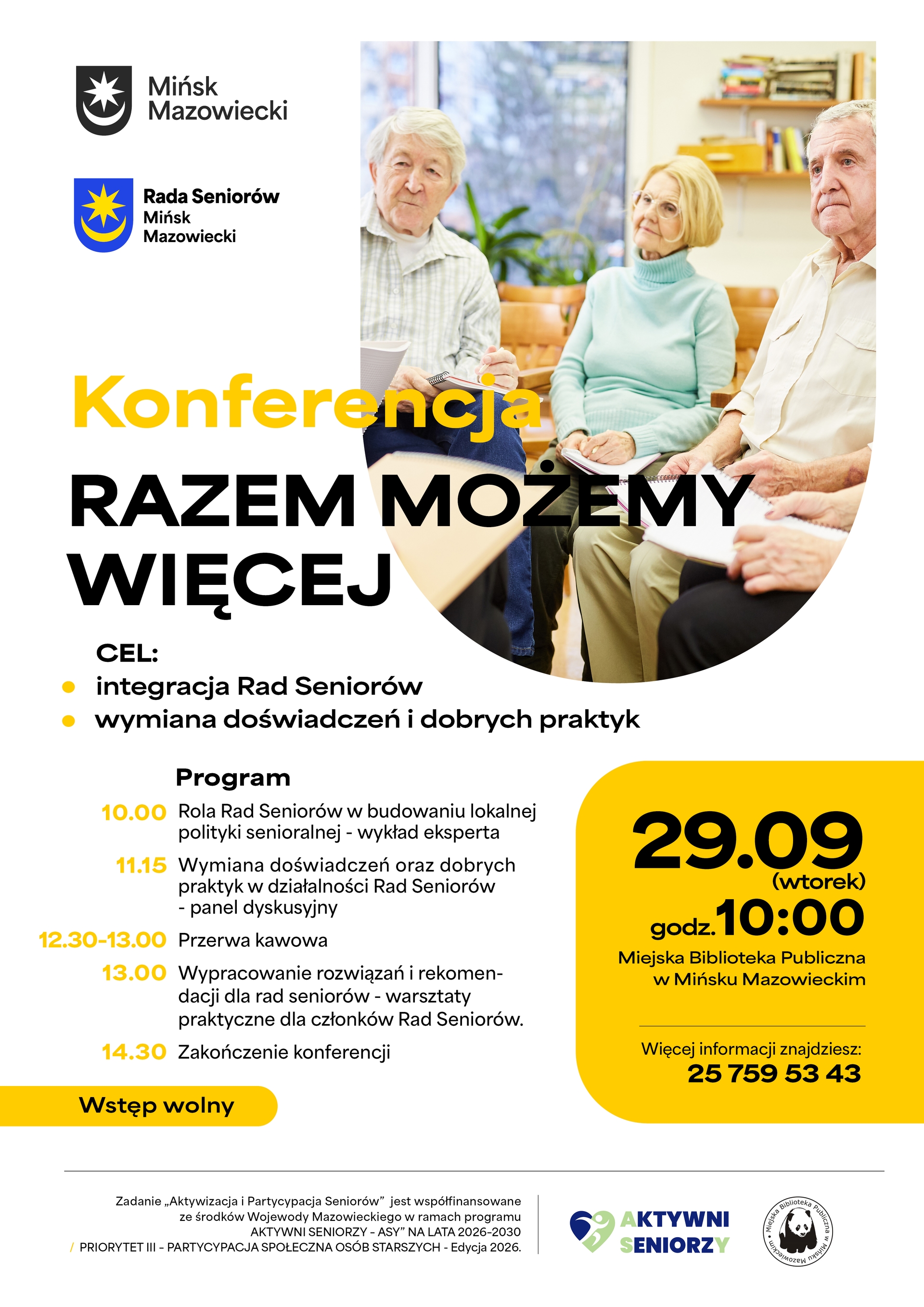 Kliknięcie powiększy obraz. Plakat informacyjny z dwoma logotypami u góry i dużym okrągłym zdjęciem trzech starszych osób siedzących w kręgu w jasnym wnętrzu. Po lewej stronie kolumna z punktami i programem wydarzenia, po prawej duże żółte pole z wyróżnioną datą i godziną. Tło białe z czarnymi i żółtymi akcentami.