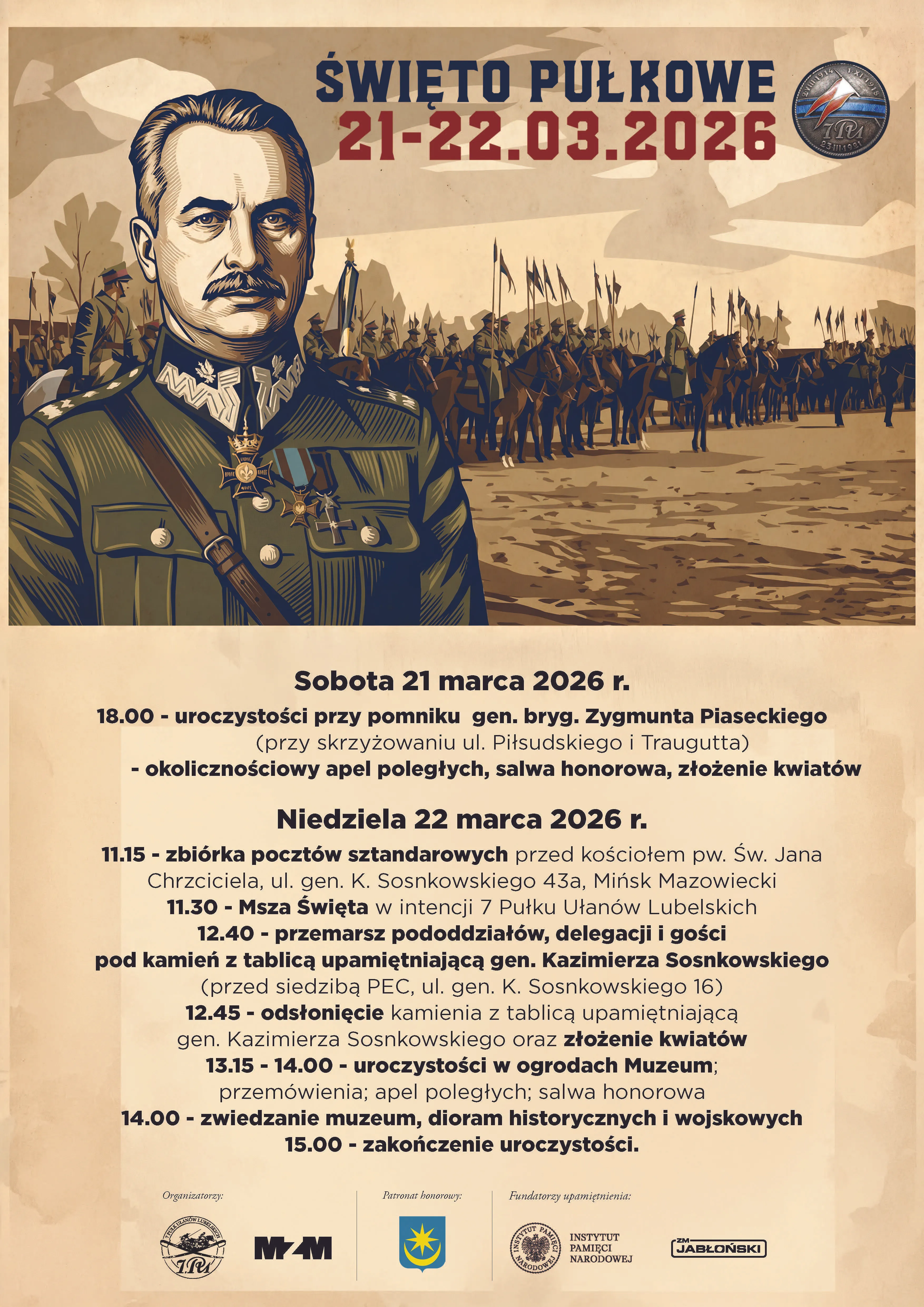 Kliknięcie powiększy obraz. Plakat o sepiowej kolorystyce z dużym nagłówkiem i datą 21–22.03.2026. Na pierwszym planie z lewej popiersie umundurowanego oficera z wąsami i medalami. W tle na polu ustawione szeregi kawalerii na koniach z flagami. Na dole jasna sekcja z blokiem tekstu zawierającym program wydarzeń i kilkoma logotypami organizatorów.