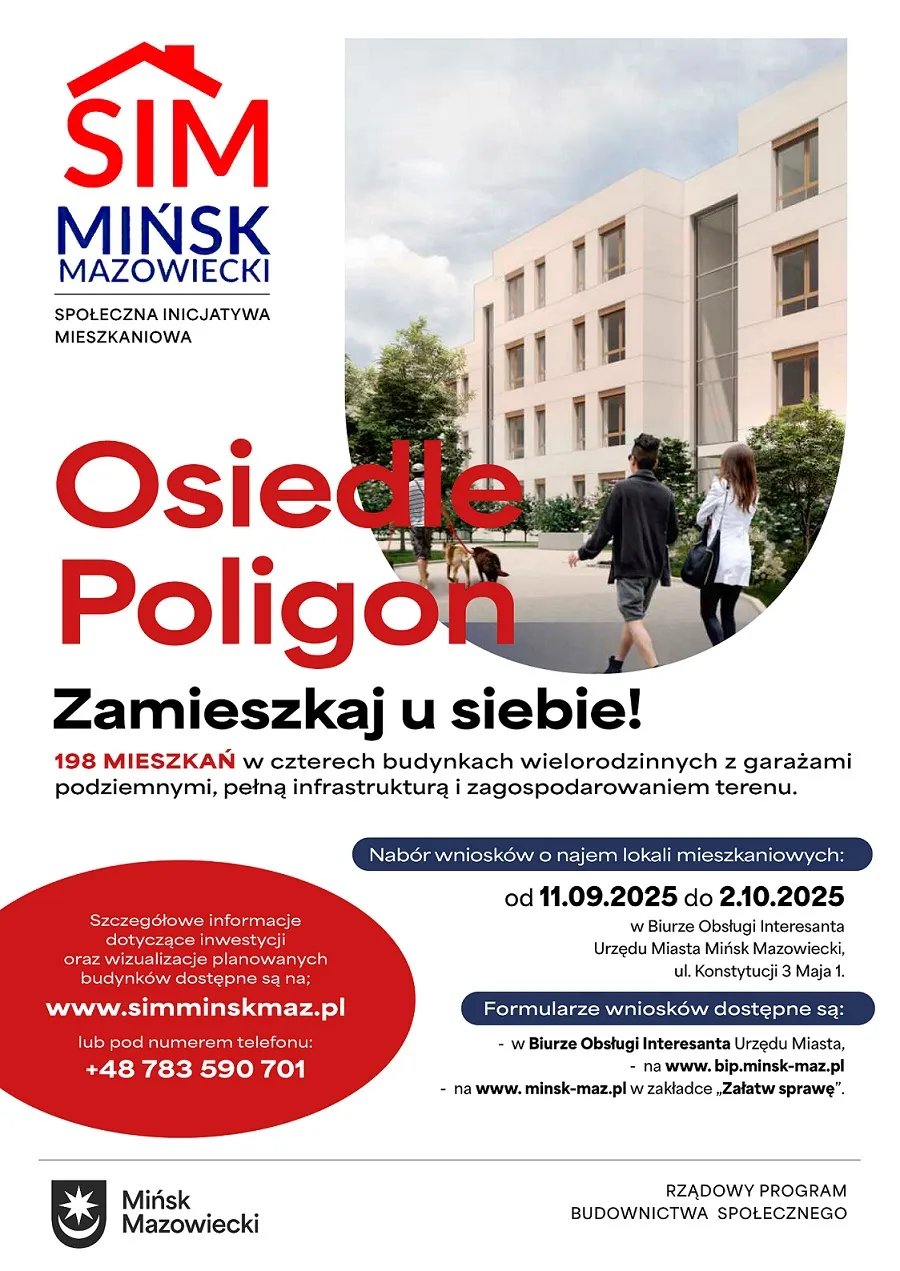 Kliknięcie powiększy obraz. Logo SIM Mińsk Mazowiecki oraz zapowiedź osiedla Poligon z wizualizacją nowoczesnego budynku mieszkalnego i informacjami o naborze wniosków na mieszkania od września do października 2025 roku.