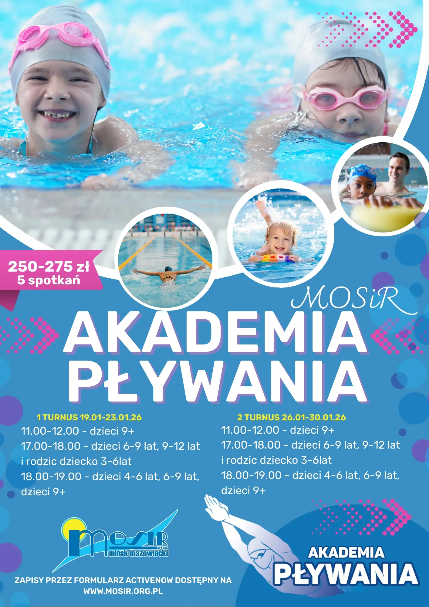 Kliknięcie powiększy obraz. Dwie uśmiechnięte dziewczynki w czepkach i różowych okularach pływają w basenie. Tło niebieskie z białym i różowym tekstem oraz zdjęciami dzieci pływających i instruktora. Logo MOSiR Mińsk Mazowiecki na dole.