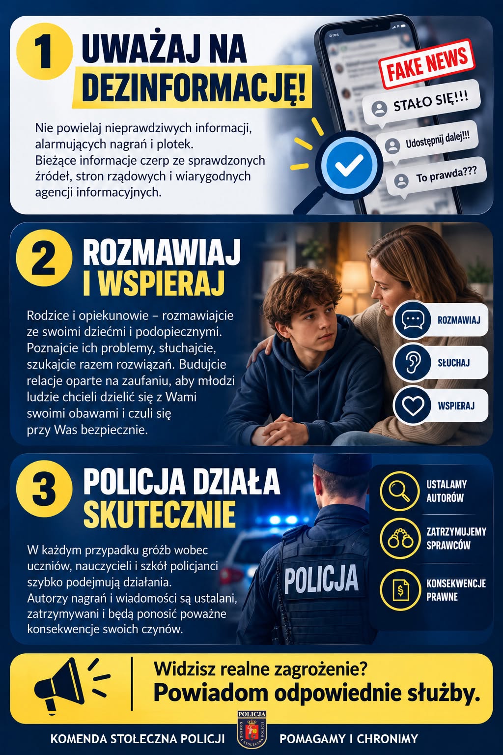 Kliknięcie powiększy obraz. Infografika pionowa w granatowo-żółtej kolorystyce podzielona na trzy numerowane sekcje. Pierwsza sekcja pokazuje smartfon z dymkami i lupą sugerującą sprawdzanie informacji. Druga sekcja przedstawia dorosłą osobę rozmawiającą i obejmującą nastoletniego chłopca w wnętrzu domu. Trzecia sekcja pokazuje policjanta od tyłu w mundurze z napisem „POLICJA” oraz trzy ikony będące listą działań. Na dole pasek zachęcający do zgłaszania realnych zagrożeń odpowiednim służbom.