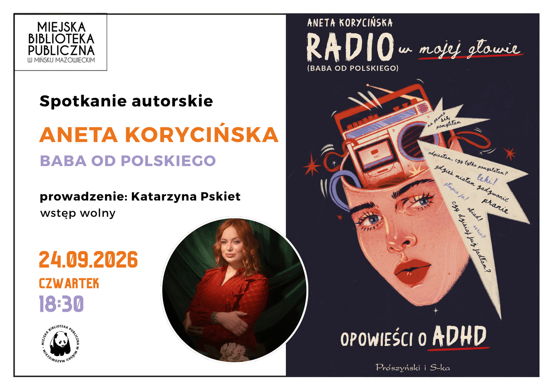 Kliknięcie powiększy obraz. Plakat dwukolumnowy z białym lewym panelem z logo biblioteki, tytułem spotkania autorskiego ANETA KORYCIŃSKA i datą 24.09.2026 oraz okrągłym zdjęciem autorki w czerwonej sukni. Prawy ciemny panel zawiera ilustrację twarzy kobiety z radiem na głowie i napisami „RADIO w mojej głowie” oraz „Opowieści o ADHD”.