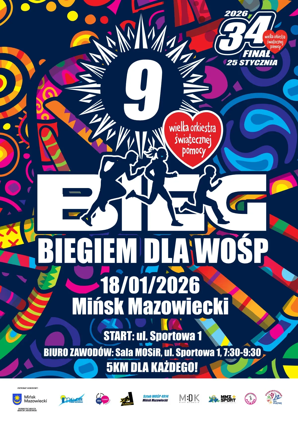 Kliknięcie powiększy obraz. Kolorowa grafika z tekstem promującym bieg charytatywny dla WOŚP”. W centralnej części sylwetki trzech biegaczy, tło w abstrakcyjne, kolorowe wzory.