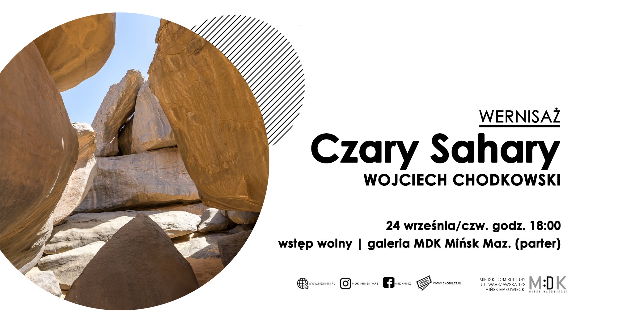 Kliknięcie powiększy obraz. Duży okrągły obraz po lewej ukazuje ciasny kanion z pomarańczowo-brązowymi formacjami skalnymi i błękitnym niebem. Po prawej biała przestrzeń z dużym czarnym nagłówkiem i mniejszym tekstem informacyjnym, liniowym wzorem półkola częściowo zachodzącym na fotografię oraz ikonami i logotypami na dole.