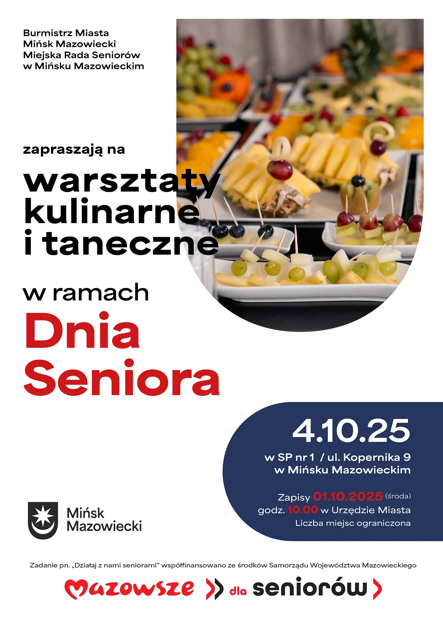Kliknięcie powiększy obraz. Na białym tle kolorowe informacje. W górnym prawym rogu w kształcie herbu zdjęcie z widokiem na tace z owocowymi przekąskami.