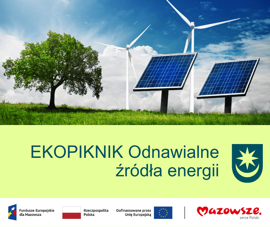 Kliknięcie powiększy obraz. Samotne zielone drzewo stoi po lewej na trawiastej łące. Dwa kątowe panele słoneczne stoją po prawej. Trzy białe turbiny wiatrowe widoczne są w tle. Jasnoniebieskie niebo z chmurami zajmuje górną część obrazu. U dołu jasny pas z kilkoma małymi kolorowymi logotypami.