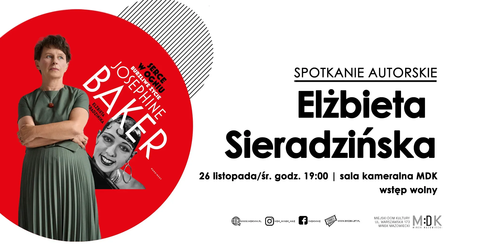 Kliknięcie powiększy obraz. Po lewej kobieta stoi z założonymi rękoma na tle czerwonego koła z grafiką książki „Josephine Baker”. Po prawej stronie czarny tekst na białym tle.