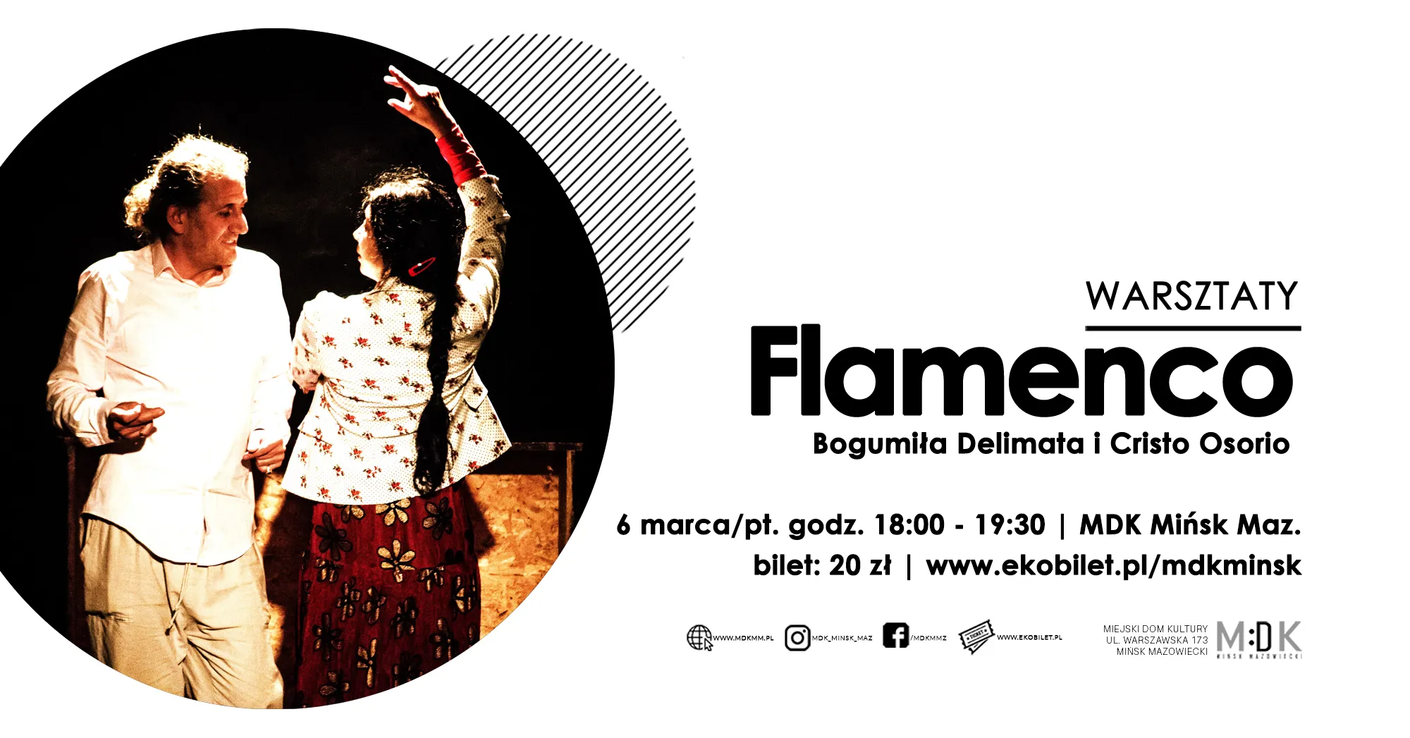 Kliknięcie powiększy obraz. Dwoje tancerzy flamenco w okrągłym kadrze po lewej. Kobieta z długimi ciemnymi włosami unosi ramię, ma wzorzystą czerwoną spódnicę i jasną żakietkę. Mężczyzna w białej koszuli stoi obok. Tło czarne. Po prawej duża biała przestrzeń z czarnymi elementami graficznymi i informacjami o wydarzeniu.