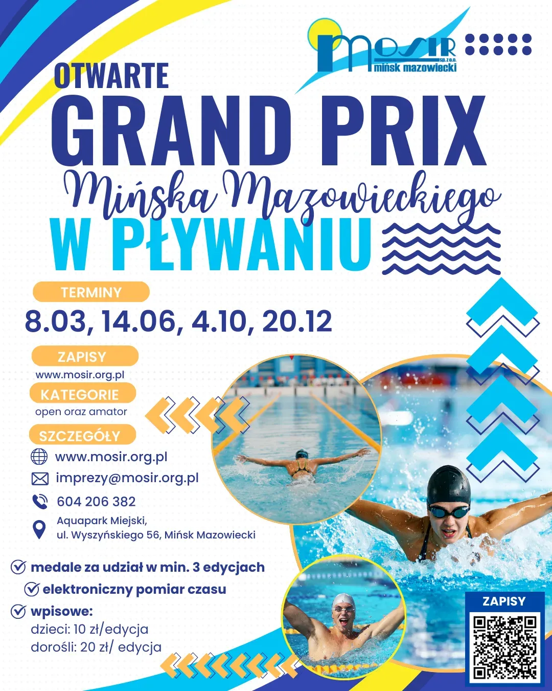 Kliknięcie powiększy obraz. Biało‑niebiesko‑żółta grafika z logo MOSiR u góry. Wyróżnione pole z podanymi terminami wydarzeń. Trzy okrągłe zdjęcia pływaków w basenie oraz dekoracyjne fale i strzałki.