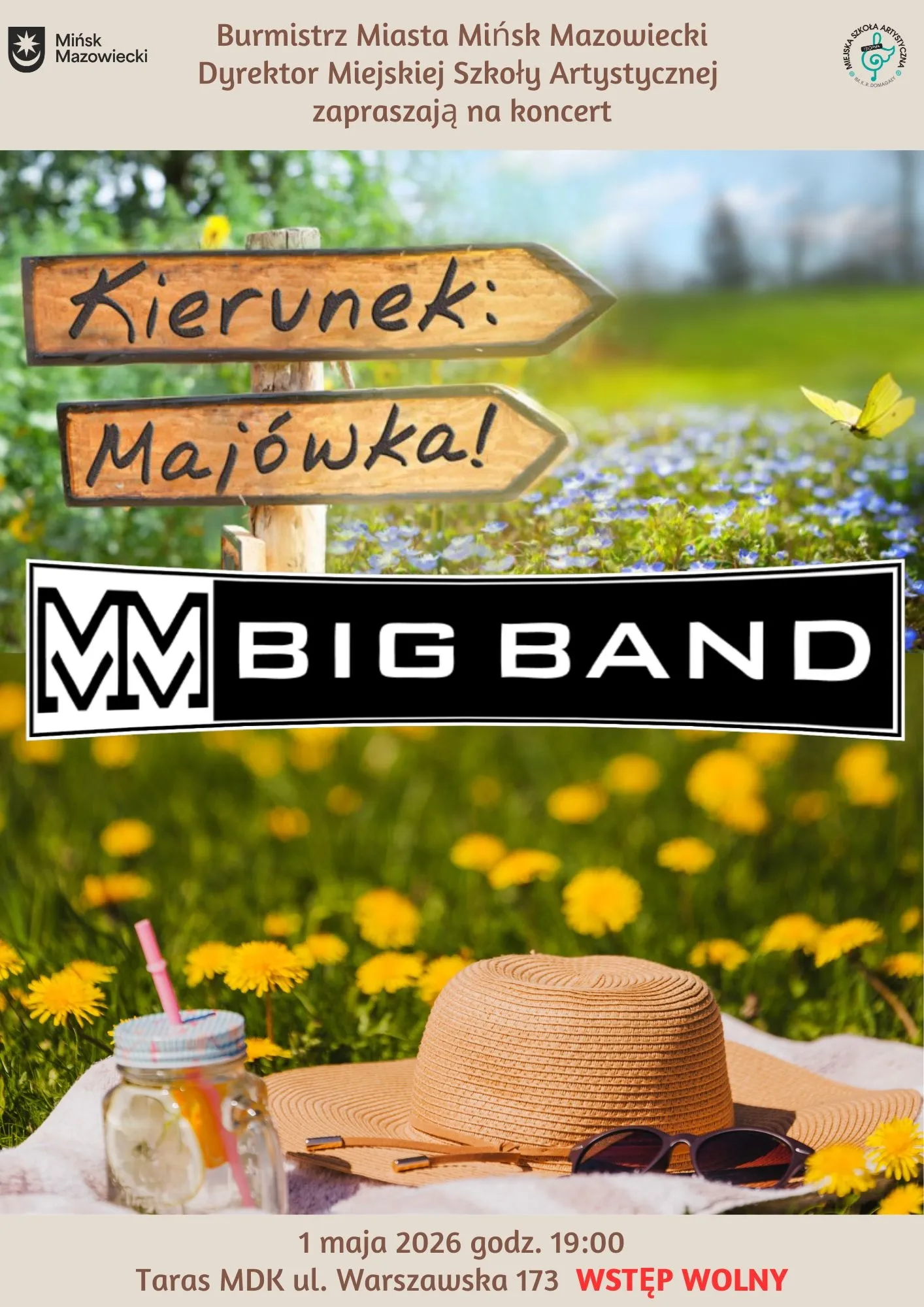 Kliknięcie powiększy obraz. Znak kierunkowy z dwiema drewnianymi strzałkami stojący na tle kwitnącej łąki. Jasna łąka z żółtymi mniszkami i drobnymi fioletowymi kwiatami. Żółty motyl unoszący się nad trawą. Na pierwszym planie słomkowy kapelusz, okulary przeciwsłoneczne i szklany słoik z napojem i różową słomką na kocu piknikowym. Na środku czarno-biała prostokątna plakietka z logo. Górny i dolny pasek w kremowym kolorze.