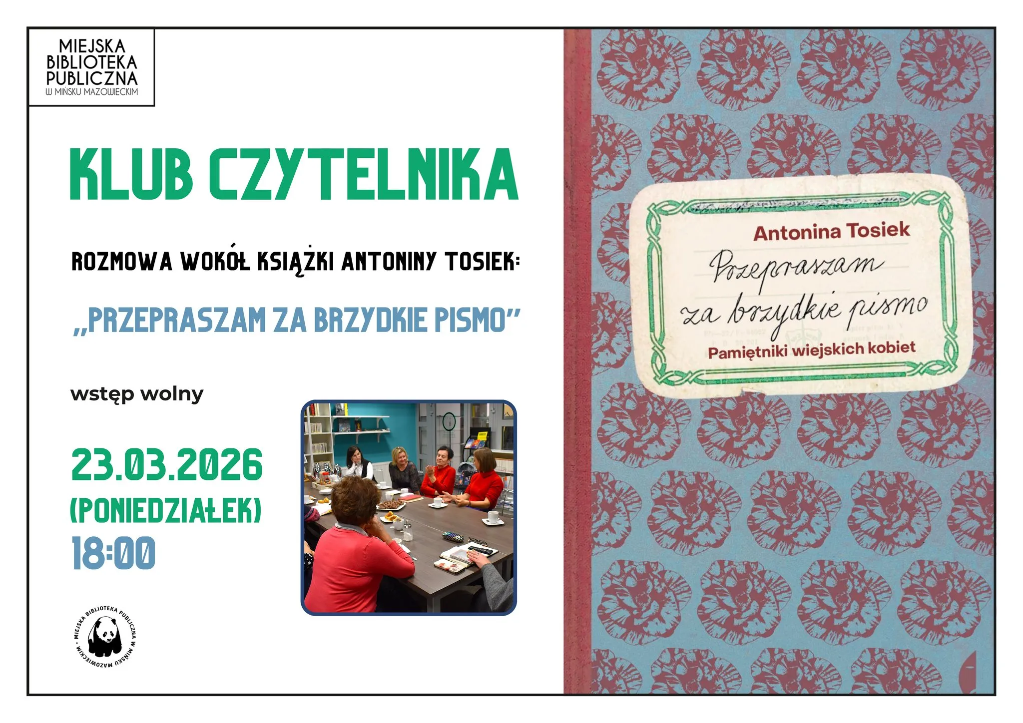Kliknięcie powiększy obraz. Plakat z białą lewą częścią i ozdobną prawą częścią przypominającą okładkę książki w niebiesko-bordowym wzorze kwiatowym. Lewa strona zawiera duże zielone nagłówki i informacje o wydarzeniu oraz małe zdjęcie grupy sześciu osób siedzących przy stole w bibliotece. Prawa strona ma papierową etykietę z ręcznym pismem na środku okładki. Tło po lewej stronie jest białe, po prawej wzorzyste.