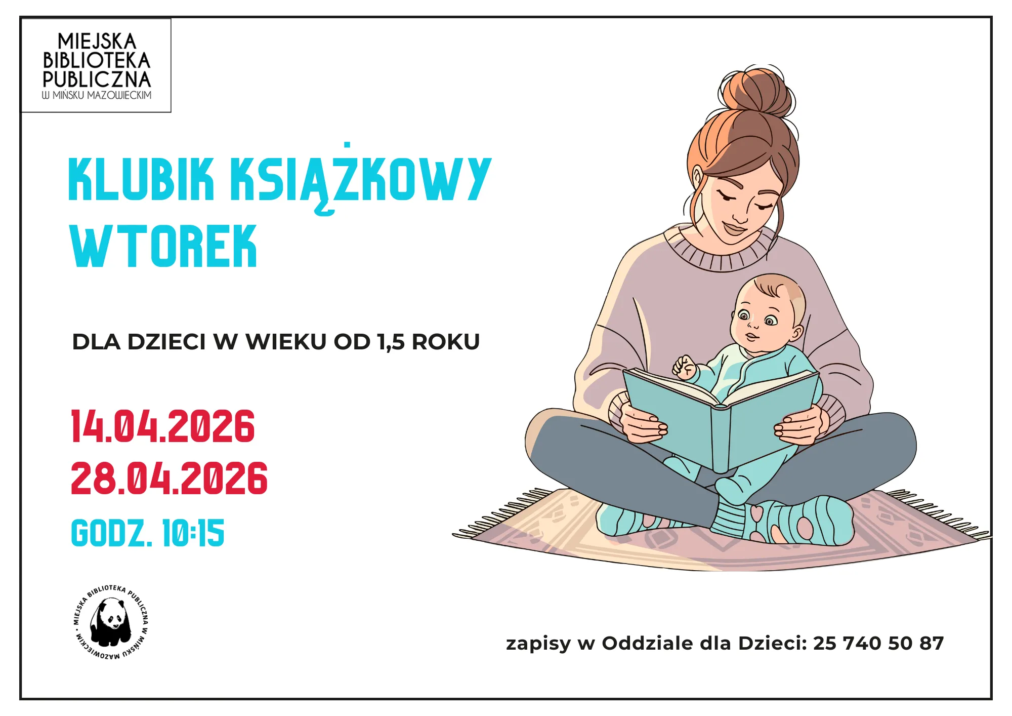Kliknięcie powiększy obraz. Kobieta w luźnym swetrze siedzi skrzyżnie na dywanie. Trzyma na kolanach niemowlę i czyta mu otwartą książkę. Niemowlę ma jasny pajacyk i patrzy na książkę. Tło jest białe. W lewym górnym rogu widoczny czarny logotyp biblioteki.