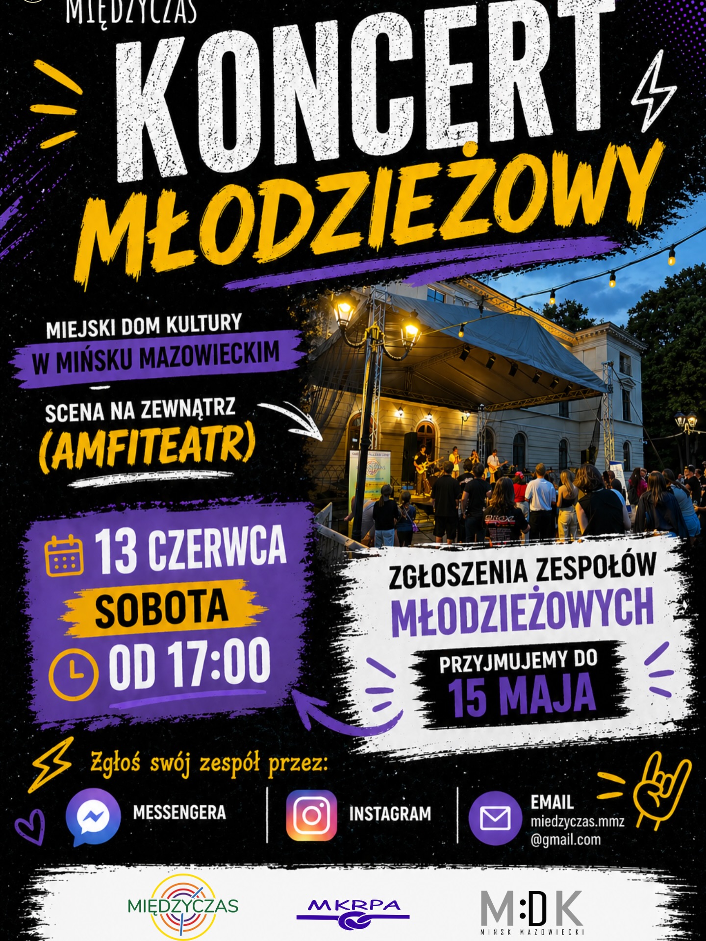 Kliknięcie powiększy obraz. Plakat reklamujący koncert młodzieżowy na czarnym tle z dużym napisem "KONCERT MŁODZIEŻOWY". Po prawej scena plenerowa z zadaszonym amfiteatrem, muzykami na scenie i publicznością wieczorem przy lampkach. Po lewej informacje: 13 czerwca, sobota, od 17:00. Po prawej informacja o zgłoszeniach zespołów do 15 maja oraz ikony kontaktowe i logotypy organizatorów.