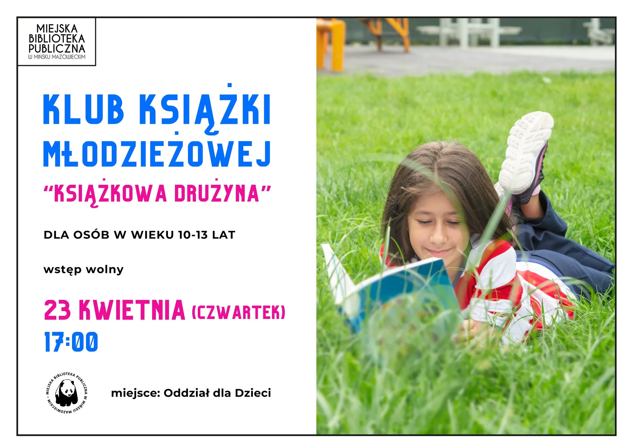 Kliknięcie powiększy obraz. Dziewczynka leży na zielonej trawie na zewnątrz i czyta książkę. Po lewej stronie znajduje się biały panel z kolorowymi napisami informacyjnymi o wydarzeniu.