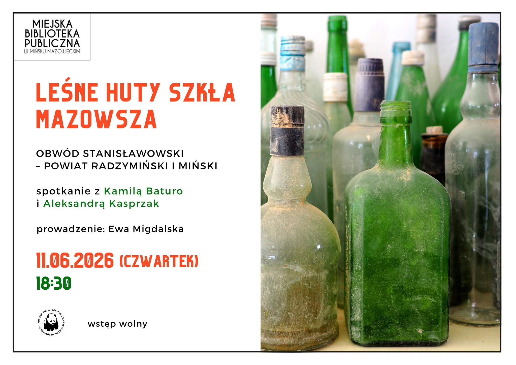 Kliknięcie powiększy obraz. Plakat z białym tłem i cienką czarną ramką. Po lewej kolumna z dużymi pomarańczowymi i czarnymi napisami oraz małym logo biblioteki w górnym rogu. Po prawej zbliżenie na stojące, pokryte kurzem zielone i przezroczyste szklane butelki o różnych kształtach.