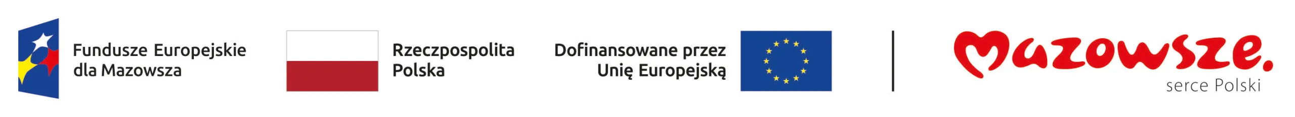 Kliknięcie powiększy obraz. Cztery elementy na białym tle: kolorowe logo z białą gwiazdą na niebieskim tle i napisem Fundusze Europejskie dla Mazowsza, flaga Polski z napisem Rzeczpospolita Polska, flaga Unii Europejskiej z napisem Dofinansowane przez Unię Europejską oraz czerwony napis Mazowsze serce Polski.