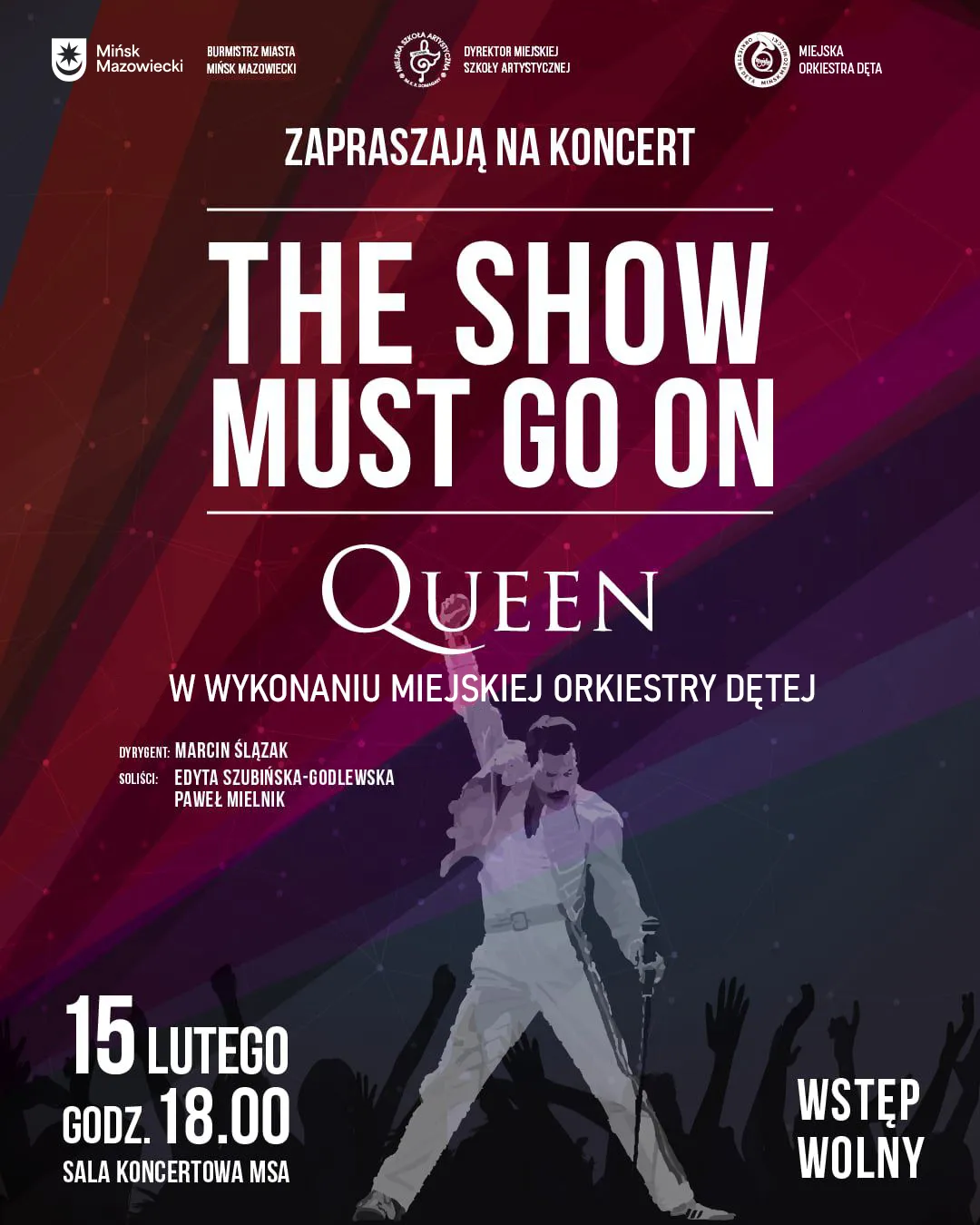 Kliknięcie powiększy obraz. Plakat koncertowy na ciemnoczerwono-fioletowym gradientowym tle. Duży, pogrubiony angielski tytuł w górnej części. Logo zespołu Queen pod tytułem. Sylwetka męskiego wokalisty w białym stroju z uniesioną ręką i mikrofonem na statywie na środku. Ciemne sylwetki publiczności u dołu. Kilka małych logotypów miejskich u góry.