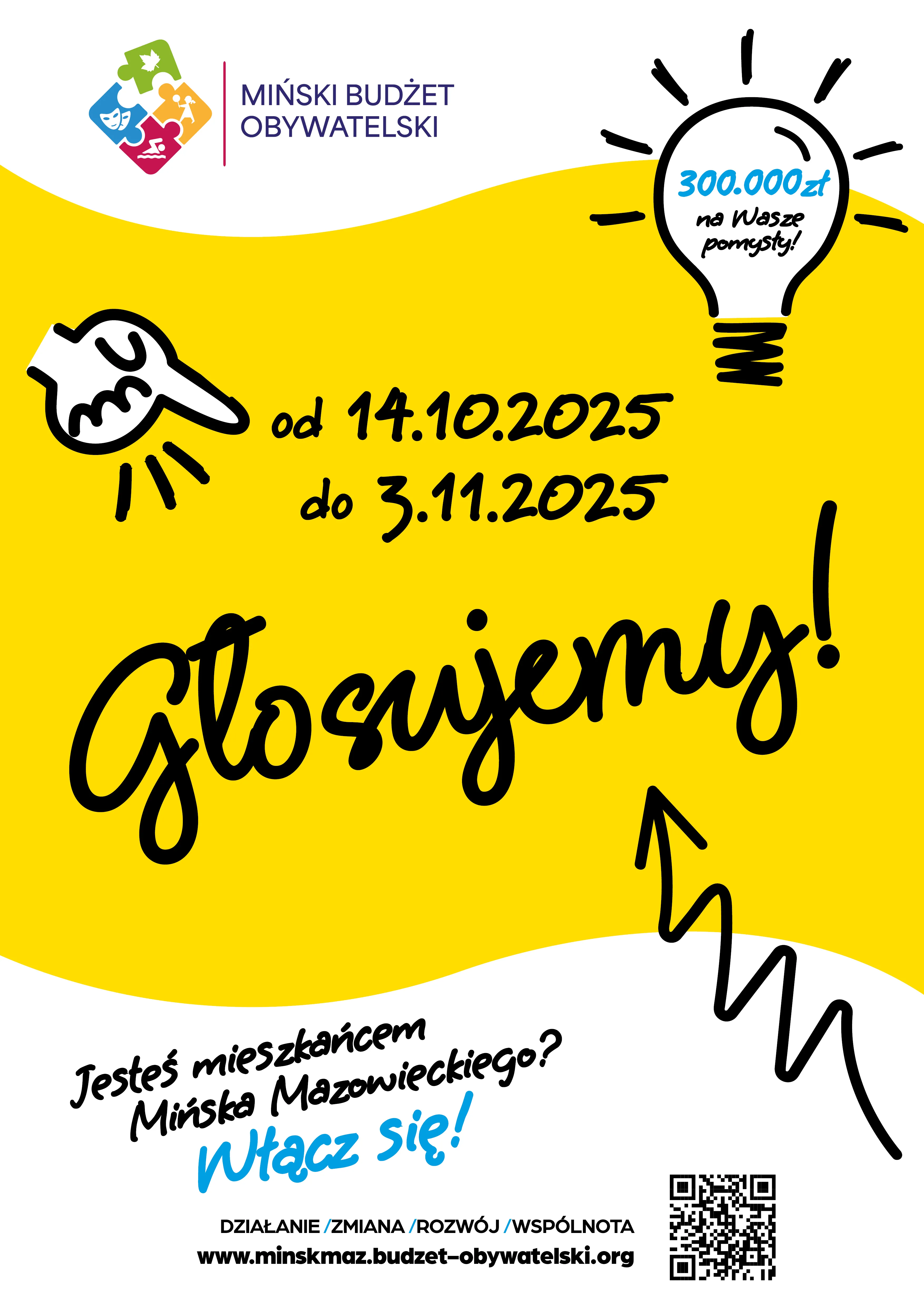 Kliknięcie powiększy obraz. Informacja o głosowaniu w Mińskim Budżecie Obywatelskim od 14 października do 3 listopada 2025 roku wraz z zaproszeniem dla mieszkańców Mińska Mazowieckiego do udziału oraz kwotą 300 000 zł na pomysły.